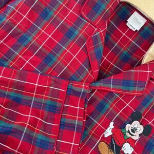 Disney Sleep Shirt Mens L Red Plaid Mickey Mouse Button Front Holiday Christmas